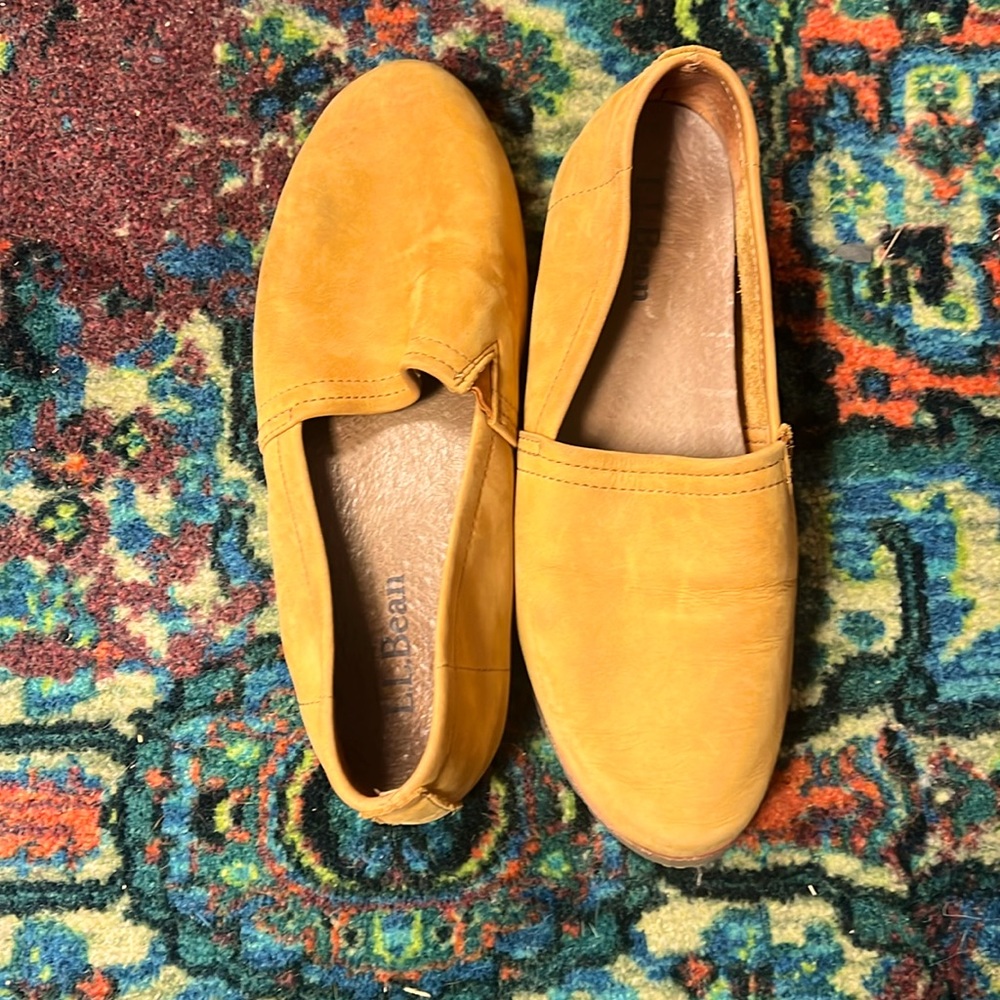 LL BEAN MUSTARD YELLOW LEATHER SUEDE SLIPON LOAFERS FLATS 9 M REMOVABLE INSOLES